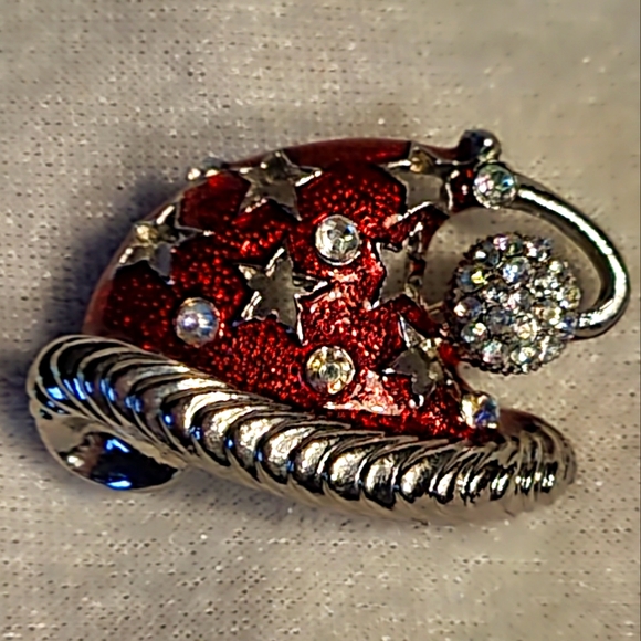 Christmas Brooch Jewelry - Holiday Christmas Rhinestone Red Enamel Silver Tone Santa Hat Brooch